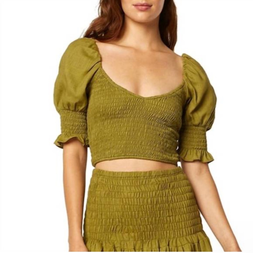 MISA Los Angeles Calla Smocked Puff Sleeve Crop Top Olive XS NWT